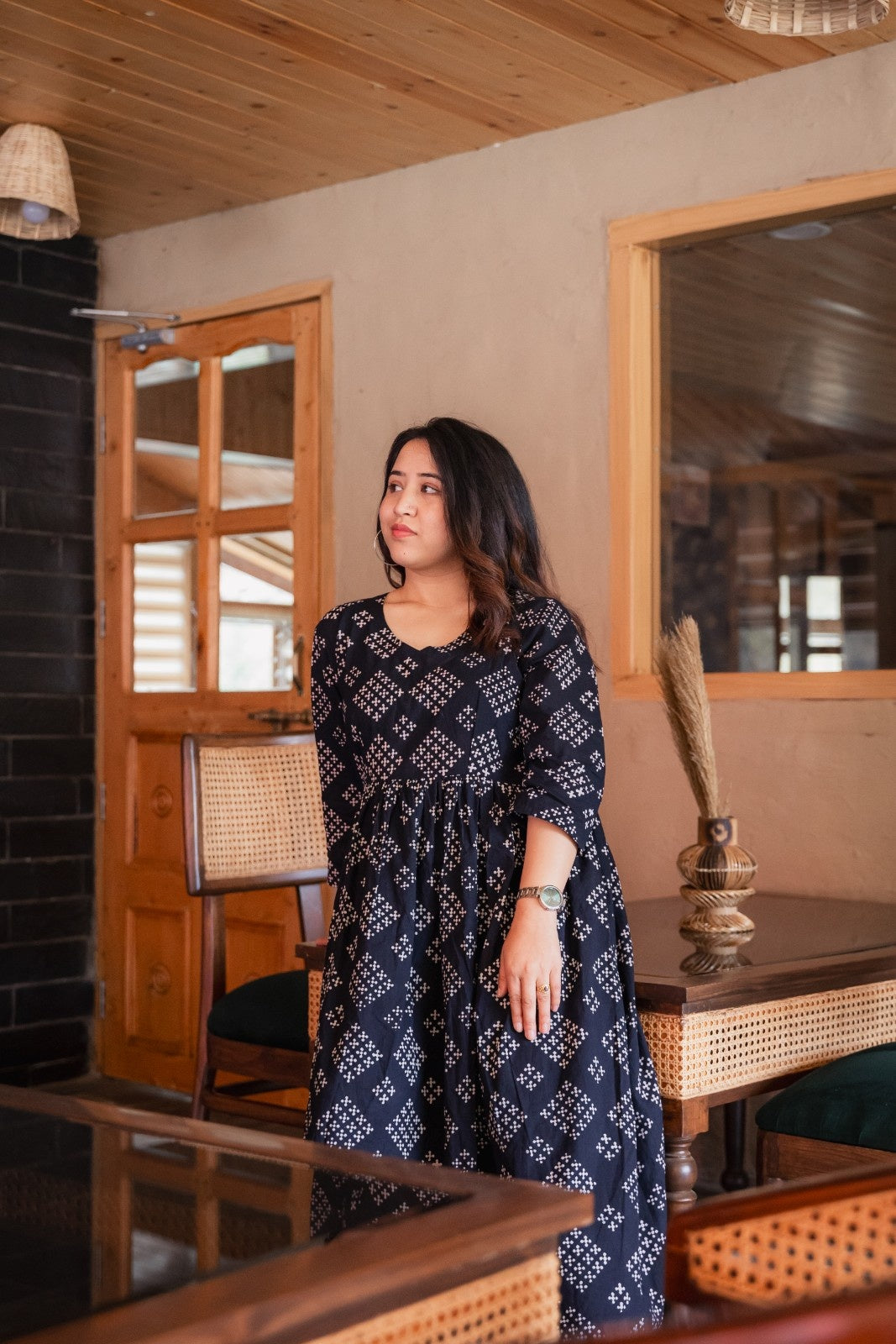 Anika Bagru long A-line Kurta