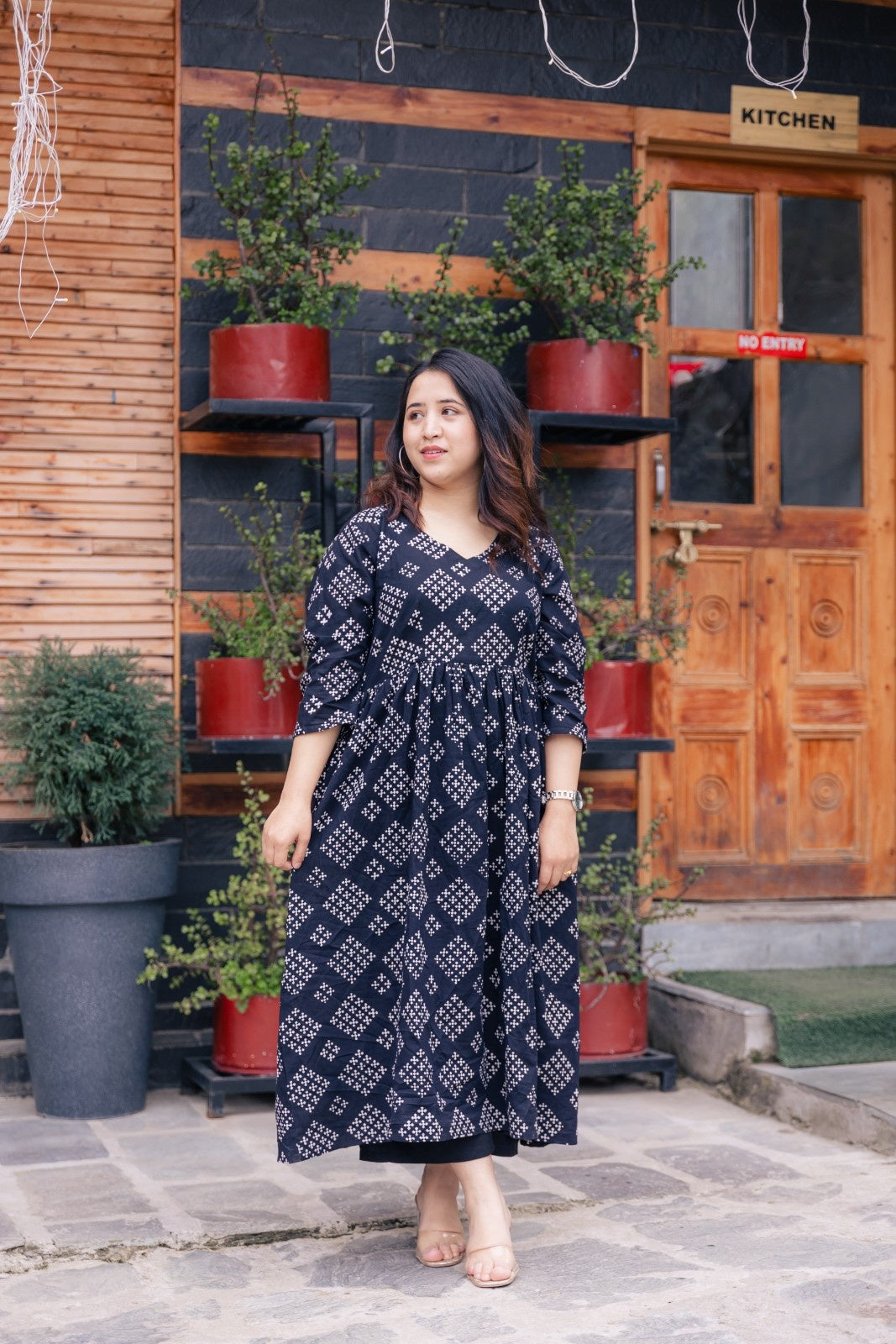 Anika Bagru long A-line Kurta