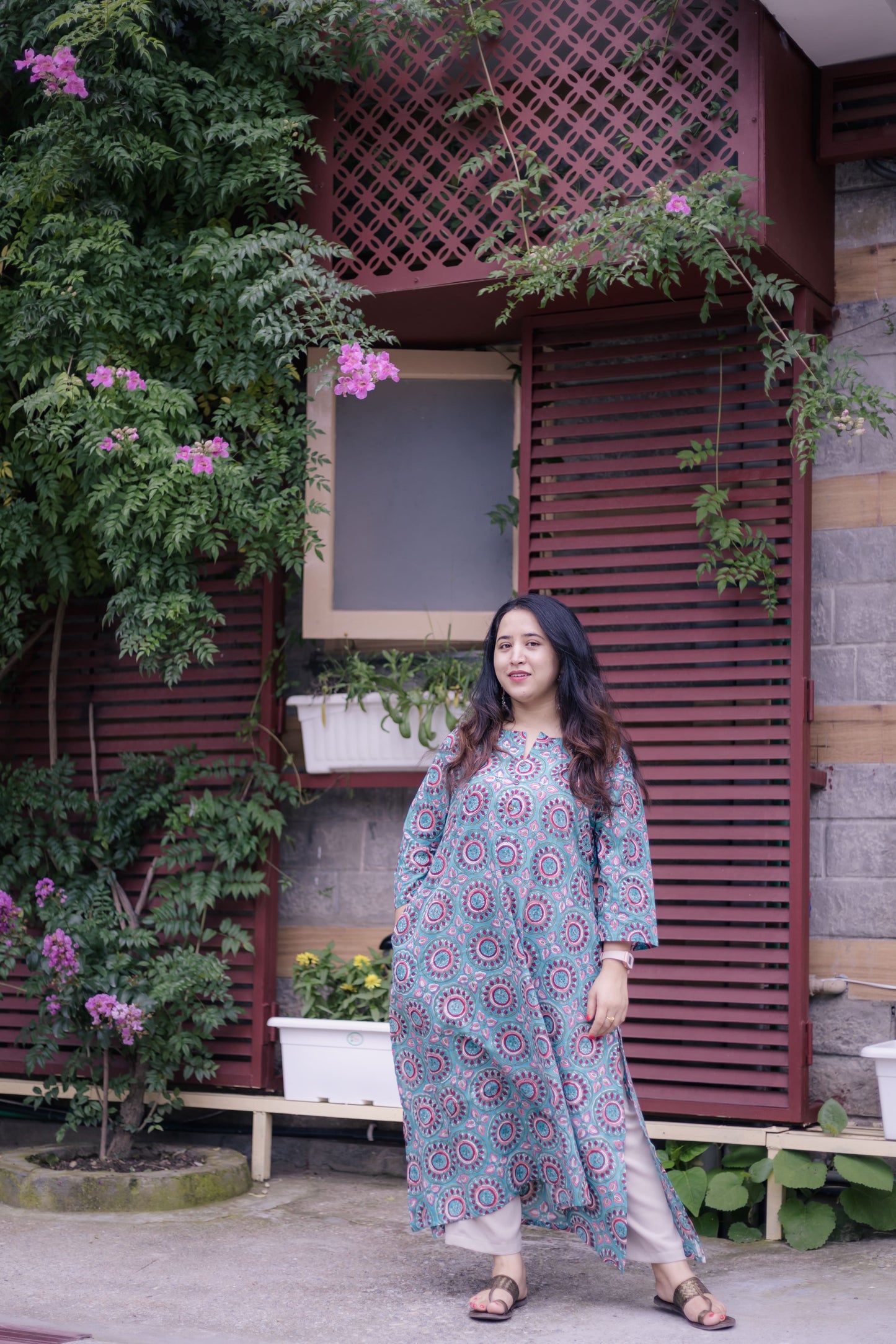 saba A-line Blockprinted Sanganeri Long Kurta
