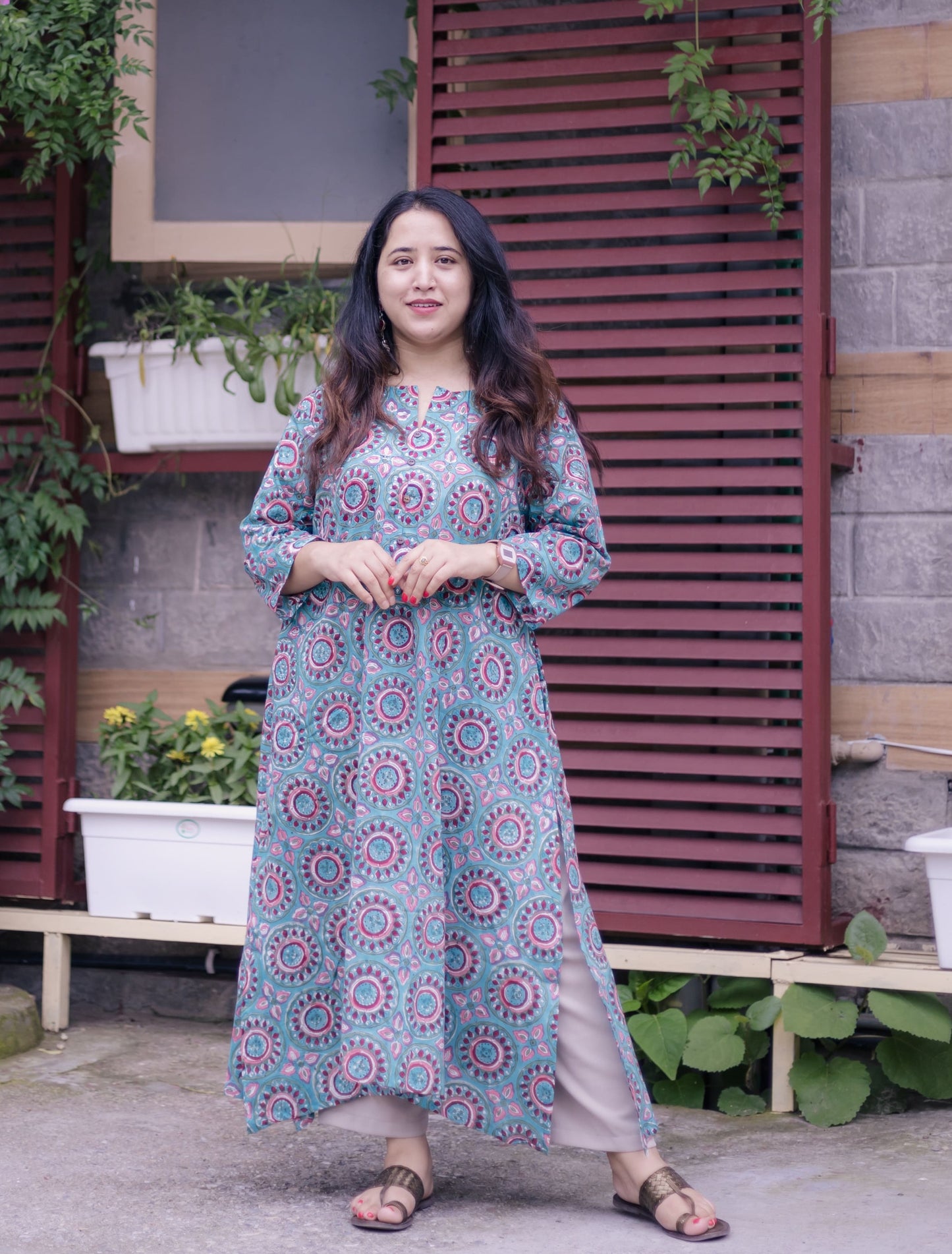 saba A-line Blockprinted Sanganeri Long Kurta
