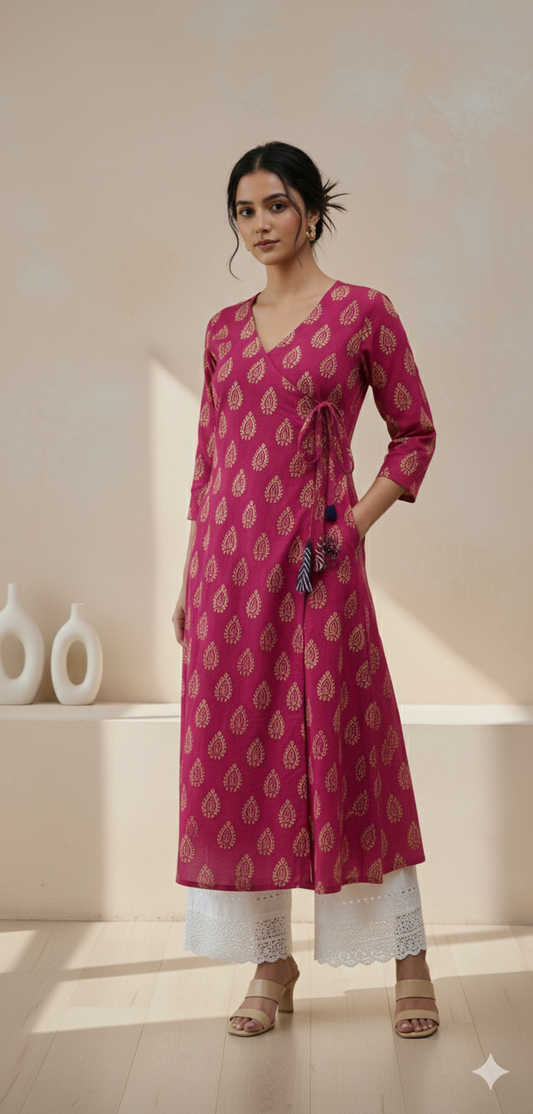 Shri Pink Angrakha Long Cotton Kurta