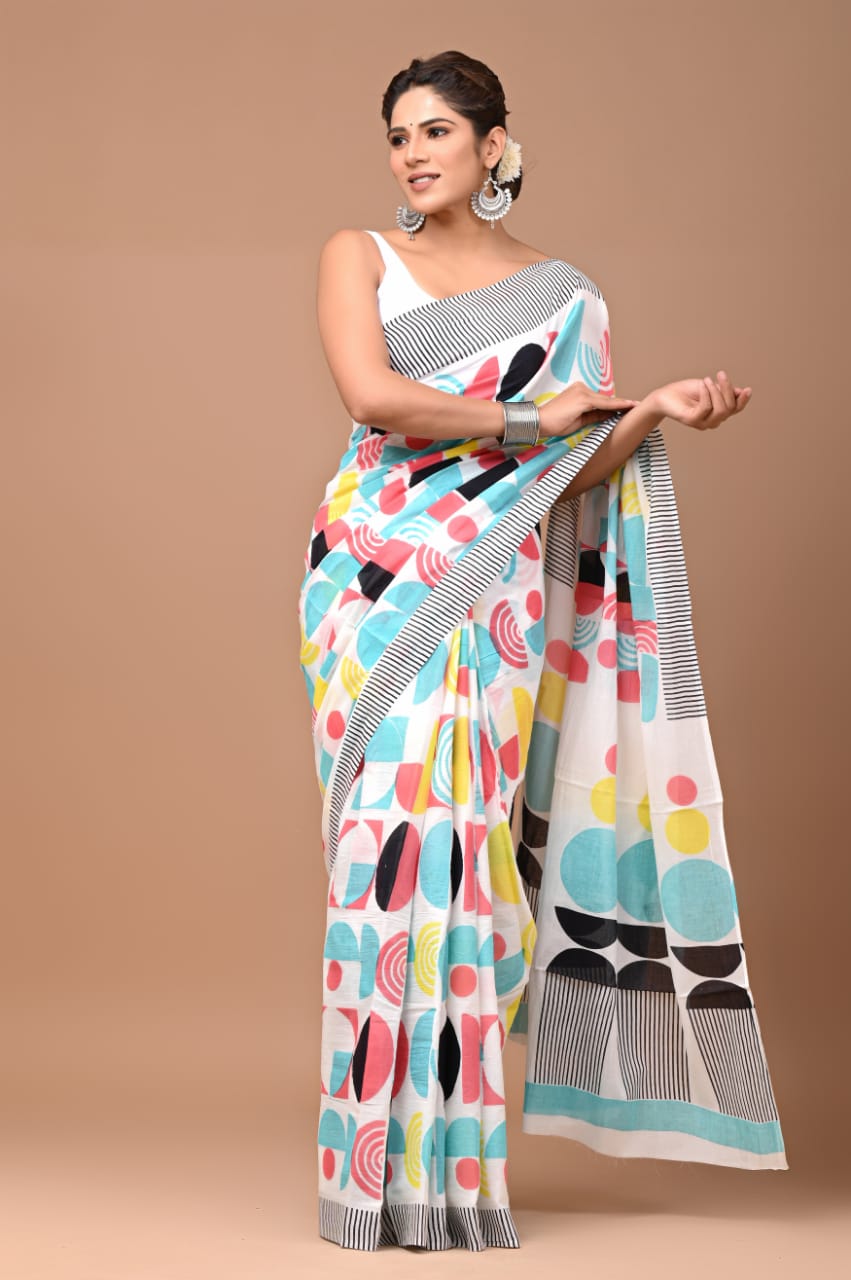 Geometric print Mul cotton saree