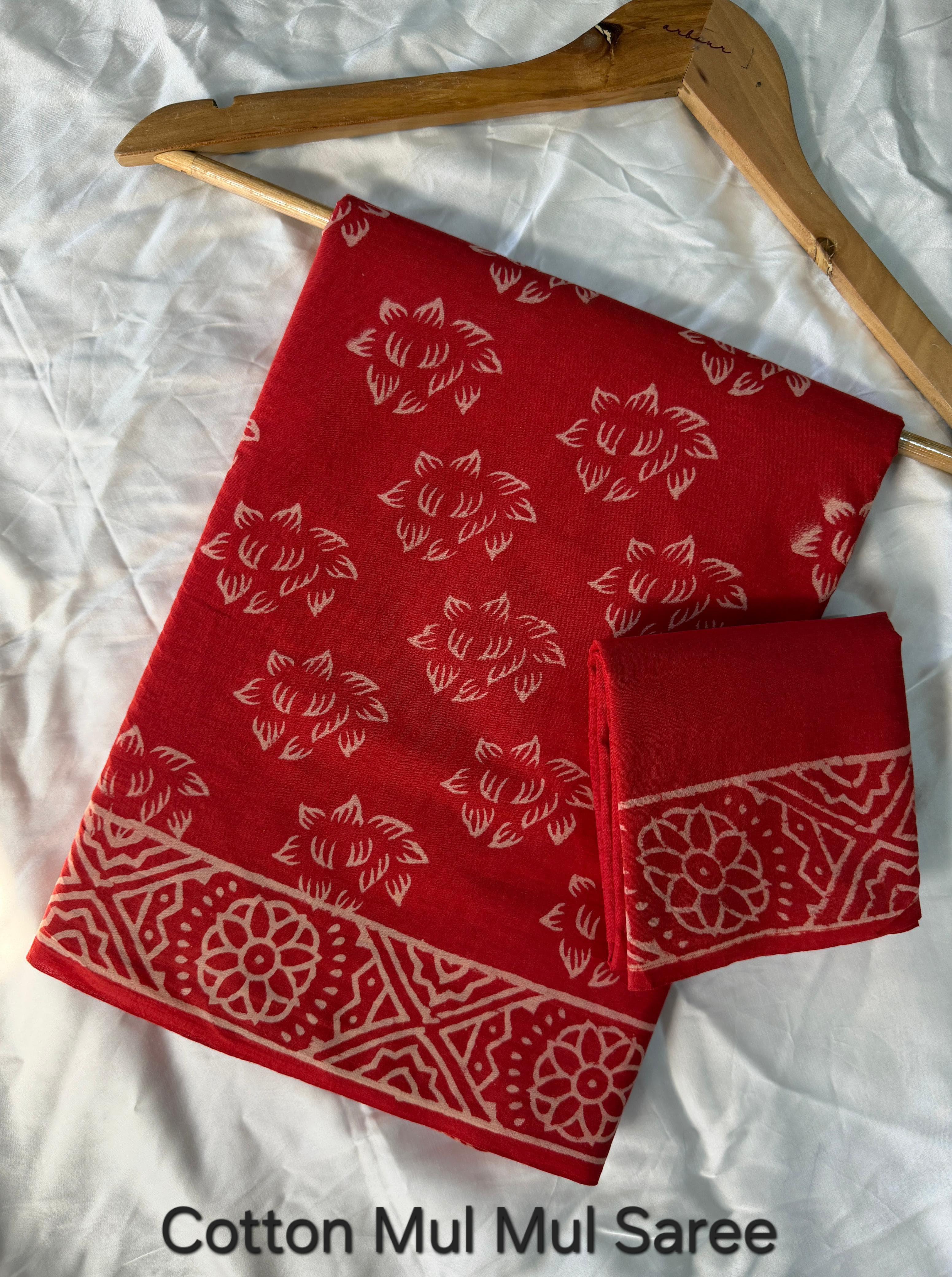 Handblock Printed Mul Cotton Saree- Maroon