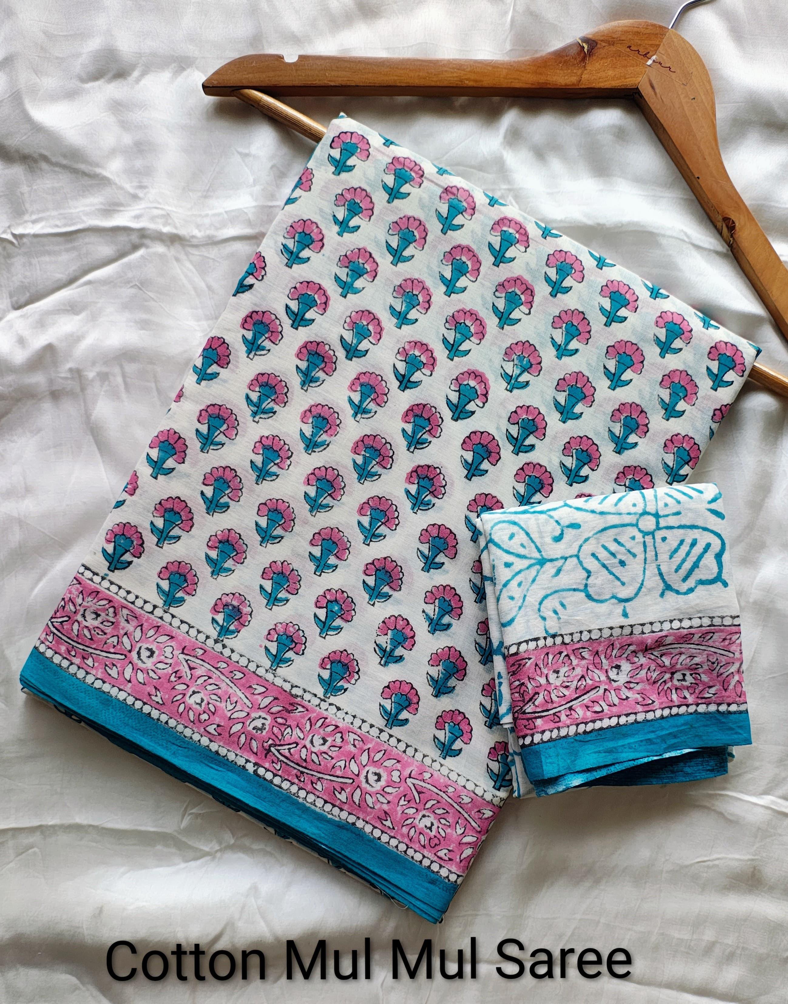 Handblock Printed Mul Cotton Saree-Floral printed