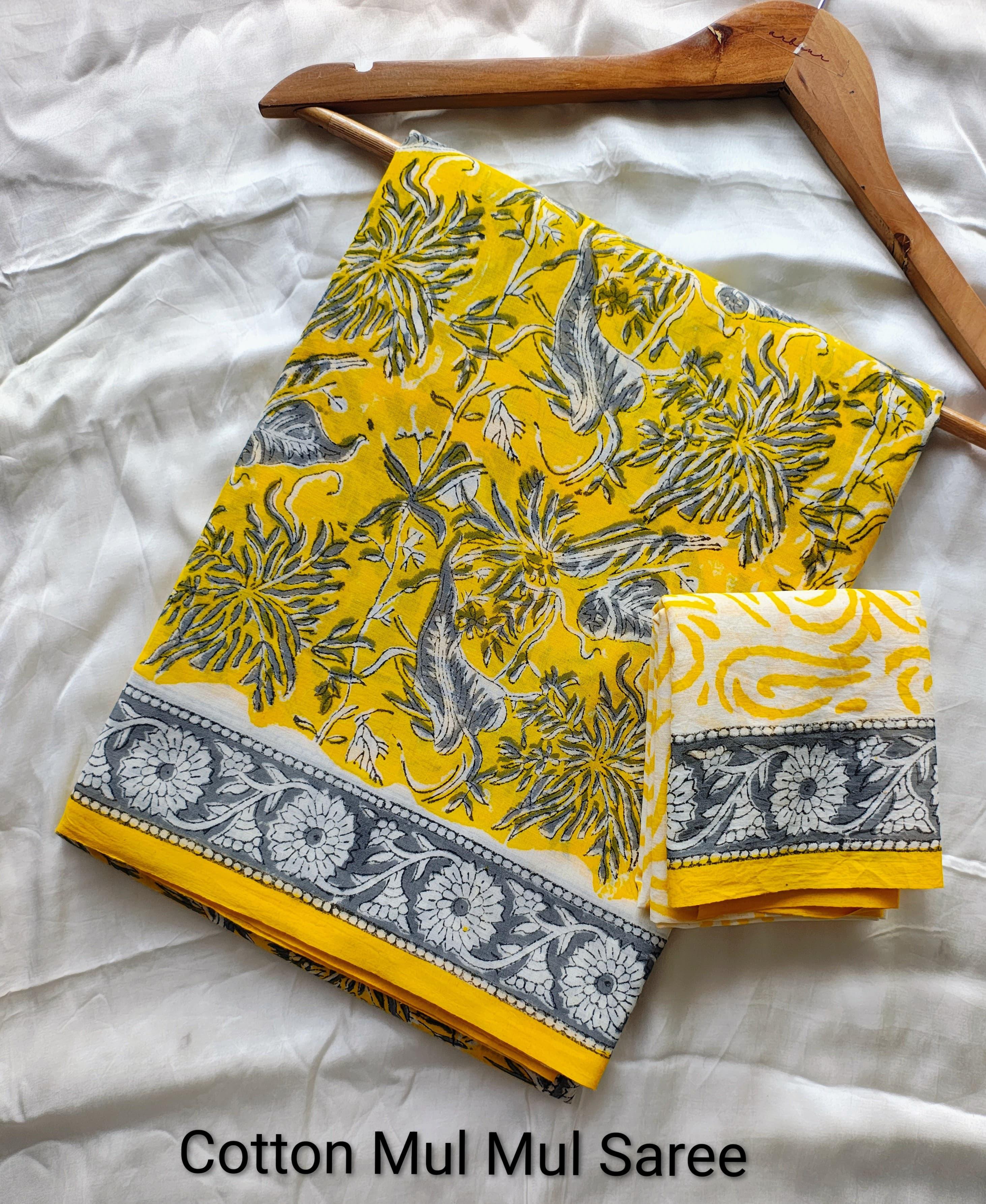 Handblock Printed Mul Cotton Saree - Yellow Floral