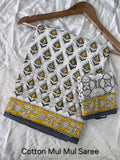 Handblock Printed Mul Cotton Saree - White Butta
