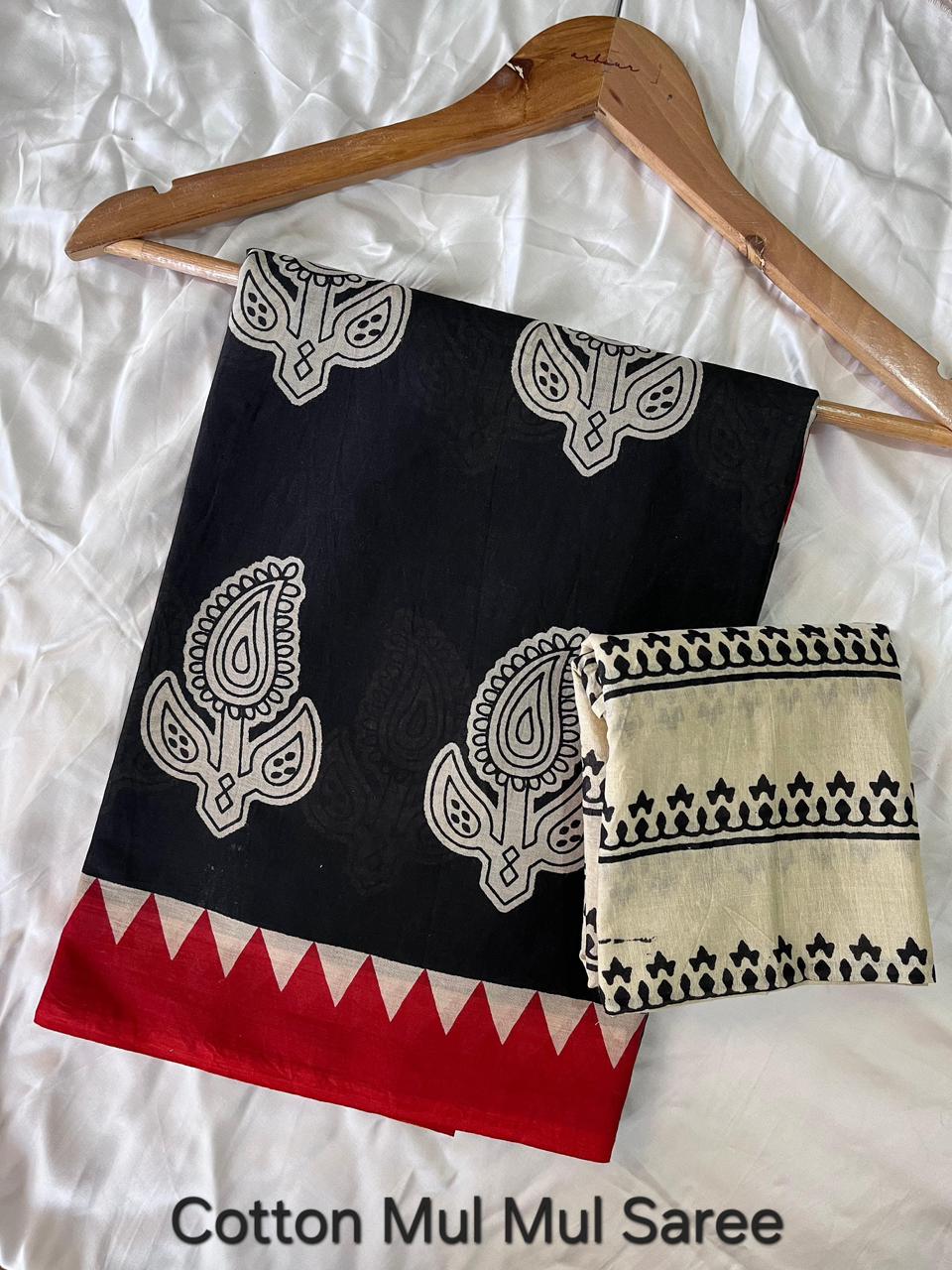 Handblock Printed Mul Cotton Saree -Black Butta