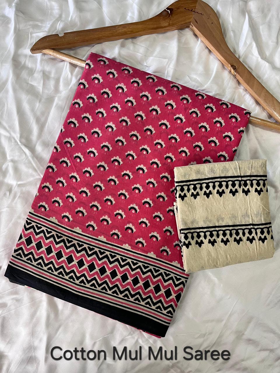 Handblock Printed Mul Cotton Saree - Red Butta print