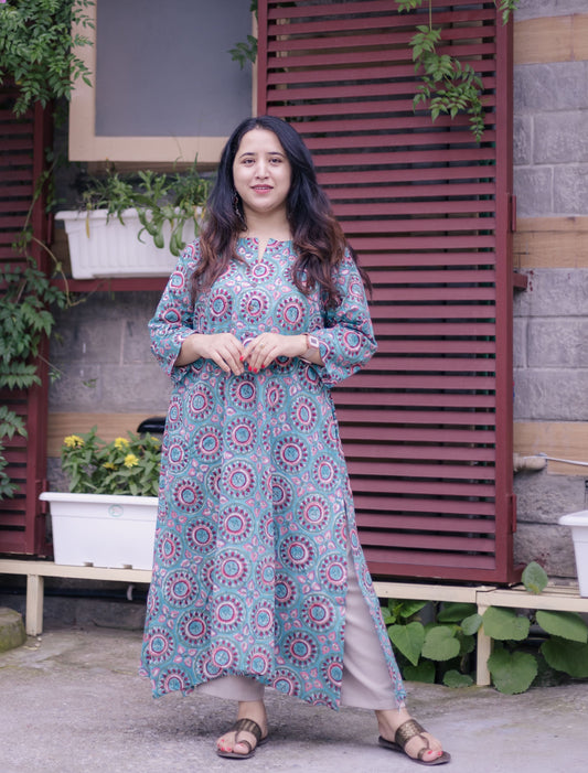 saba A-line Blockprinted Sanganeri Long Kurta